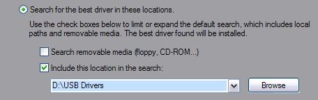- Click the "Include this location in the search:" - Enter "D:\USB Drivers" (or use the browse button to find the USB Drivers folder on the Greyline Logger CD ROM) - Click "Next" 5) During the
