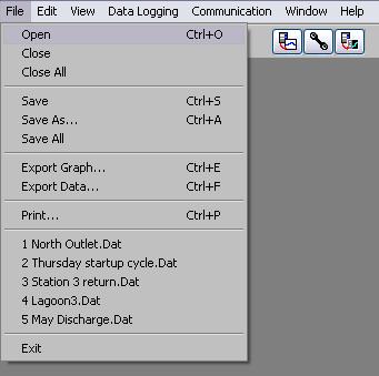 Menu Commands File Open, Close, Close All Save, Save As, Save All Export Graph..., Export Data... Print Recent Files List Exit Edit View Data Logging Data Tools Copy Data Change Units.
