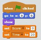 Step 7: From the palette, we can use the block to tell our sprite what to do when the game starts. When we start the game we need to: 1. Position our sprite. - Select from the palette, the block. 2.