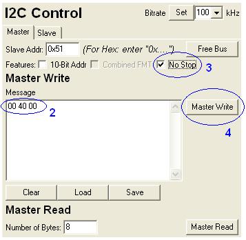 IAP example with I 2 C AN2737 Figure 6 illustrates points 2, 3, and 4 of step1. Figure 6. Step 1 of a random read using the Aardvark software Step2 reads the bytes as follows: 1.