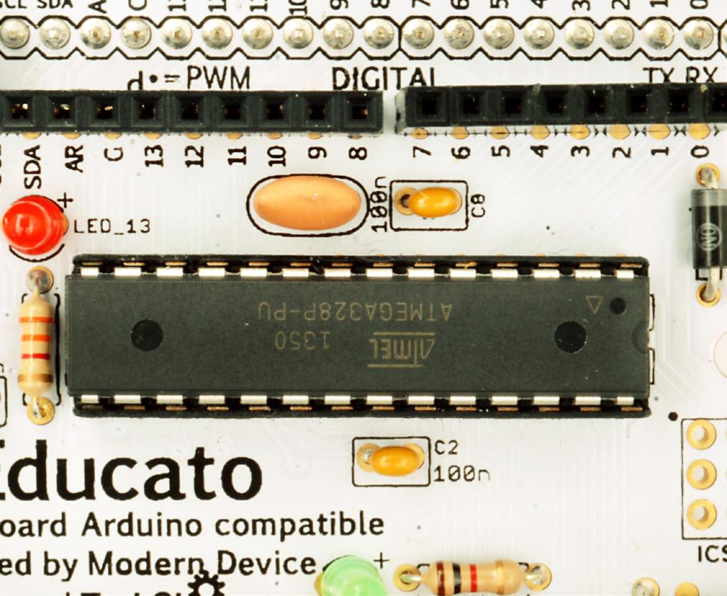 Pins Top of Board Board Resonator Microprocessor Installation Insert ATMEGA328P chip into microprocessor socket.