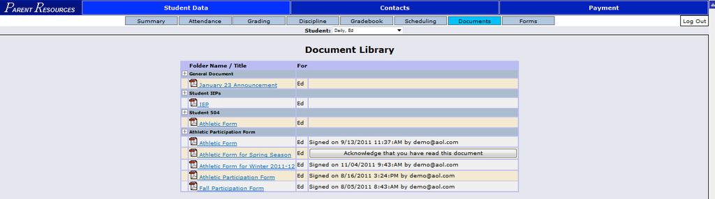 VIII. Documents The Documents screen lists documents that the school or district has linked to your record.