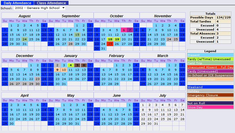 The Attendance Calendar with each day color coded A summary of your Attendance for the year The Legend of Attendance codes for your school district.