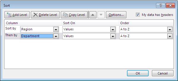 5 4 Excel 2013: Intermediate To sort data based on two or more columns: 1 Select any cell in the range. 2 Click the Data tab.