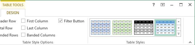 Exhibit 5-5: The Table Tools Design tab (shown in two parts) Settings in the Table Style Options group affect how Excel formats the rows and columns.