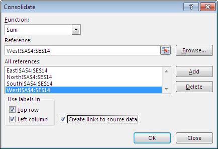 3 8 Excel 2013: Intermediate To consolidate data, click the Data tab. In the Data Tools group, click Consolidate to open the Consolidate dialog box, shown in Exhibit 3-5.