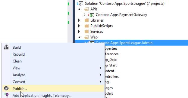 Subtask 3: Deploy the call center admin web app from Visual Studio 1. Navigate to the Contoso.Apps.SportsLeague.