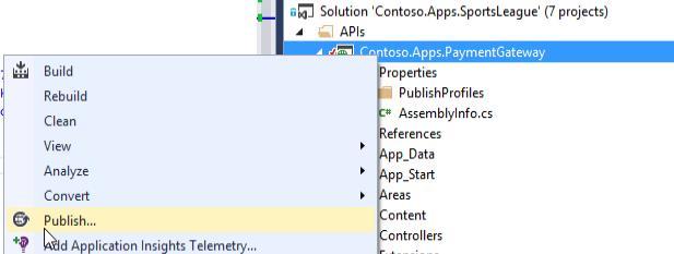 Subtask 2: Deploy the Contoso.Apps.PaymentGateway project in Visual Studio 1. Navigate to the Contoso.Apps.PaymentGateway project located in the APIs folder using the Solution Explorer in Visual Studio.