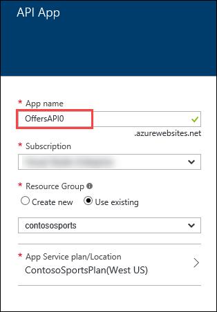 3. On the new API App blade, specify a unique name for the App Service Name, and ensure the previously used Resource Group and App Service Plan is selected. 4.