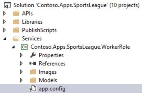 3. In the app.config file, locate the <connectionstrings> element. 4. Add the SQL connection string you saved earlier to ContosoSportsLeague.
