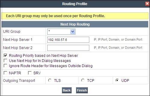 Back at the Routing tab, repeat the process to create the outbound route: Select Add Profile Enter Profile Name: Route to SP Click Next Set the URI Group to the wild card * to match on any URI Next