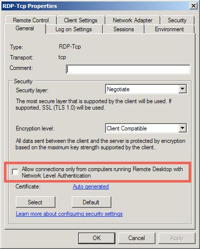3. On the General tab, ensure that the Allow connections only from computers running Remote Desktop with Network Level Authentication checkbox is unchecked. 4. Click the OK button. 5.