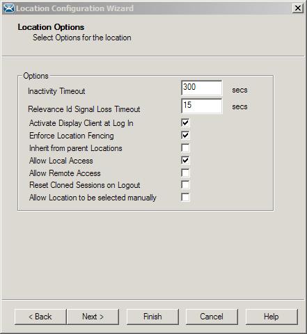 4. From the Location Options page of the wizard, check Activate Display Client at Log In, Enforce Location Fencing and Allow Local Access.