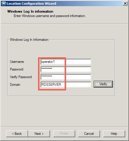 16. From the Windows Log In information page of the wizard, enter operator1 for the Username, operator1 for