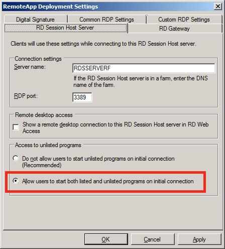 9. From the RD Session Host Server tab, ensure the Allow users to start both listed and unlisted programs on initial connection is selected and click the OK button. 10.
