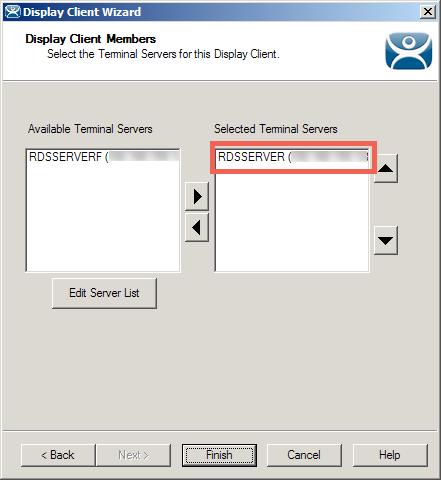 8. Select RDSSERVER from the Available Terminal Servers list and click the Right Arrow button to
