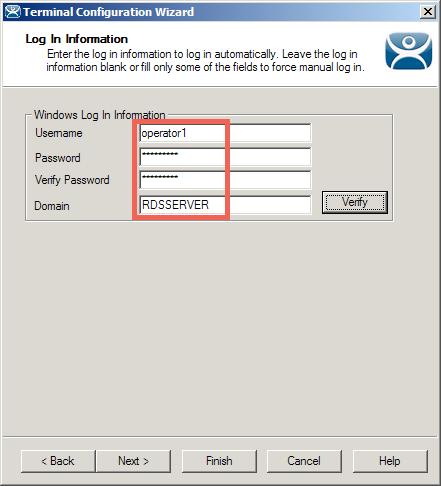 11. On the Log In Information page of the wizard, enter operator1 as the Username and operator1 as the Password and Verify