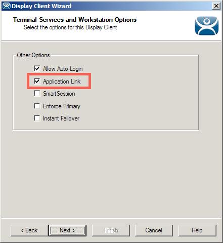 7. Check the Application Link checkbox on the Terminal Services and Workstation Options page