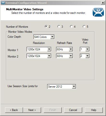 8. From the MultiMonitor Video Settings page of the wizard, make sure the following is selected: 2 Monitors radio button, 64K Colors Color Depth, 1280x1024 Resolution for each monitor, 60Hz Refresh
