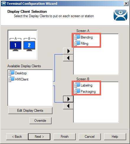 10. Select Blending from the Available Display Clients list and click the Right Arrow button for Screen A to move it to the Selected Display Clients list.