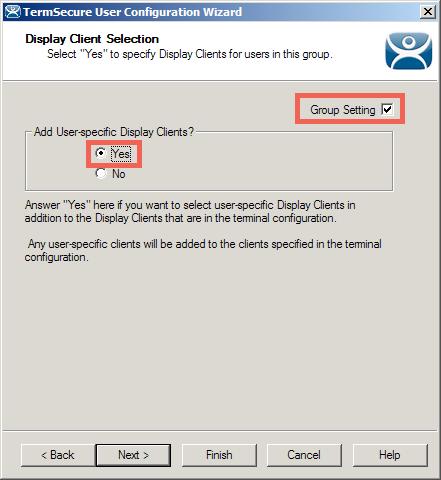 4. From the Display Client Selection page of the wizard, click the Group Setting checkbox.