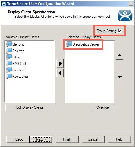 5. Select DiagnosticsViewer from the Available Display Clients list and click the Right Arrow button to move it to the Selected Display Clients list.
