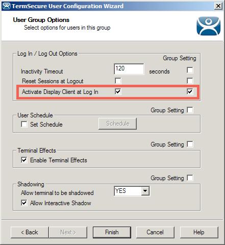 9. From the User Group Options page of the wizard, click the Activate Display Client at Log In checkbox, as well as its Group Setting checkbox.