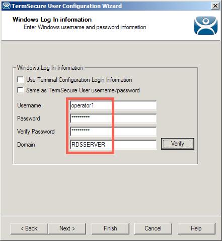 7. From the Windows Log In Information page of the wizard, leave both checkboxes unchecked and enter operator1 as the Username and operator1 as the Password and Verify Password fields.