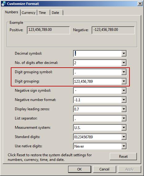 This will display the Digit Grouping format and the Digit Grouping symbol used to separate the digits. 40. Press Cancel to close the dialog. 41.