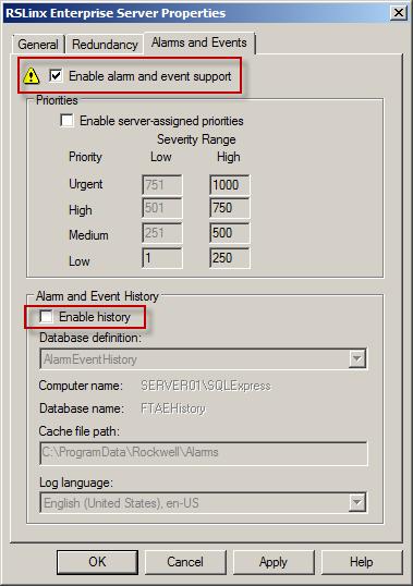 2. In the RSLinx Enterprise Server Properties dialog box, click the Alarms and Events tab and then: Verify that the Enable alarm and event support check