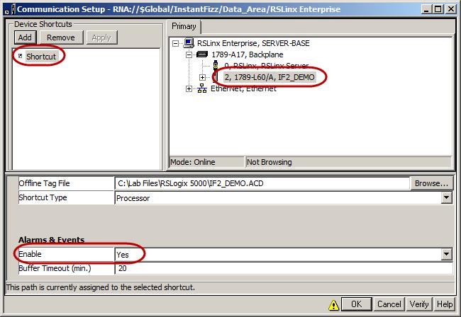 6. Verify the Shortcut is associated with IF2_DEMO in slot 2. Verify Enable is set to Yes under Alarms & Events 7. Click Cancel to close the Communication Setup dialog box.