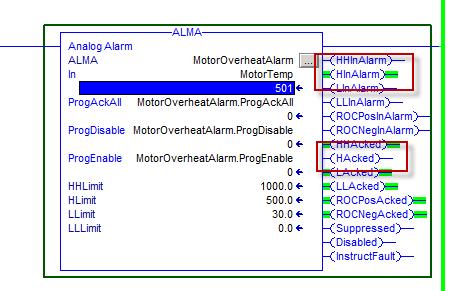 Scroll down to Rung 4 to see an ALMA alarm instruction named MotorOverheatAlarm.