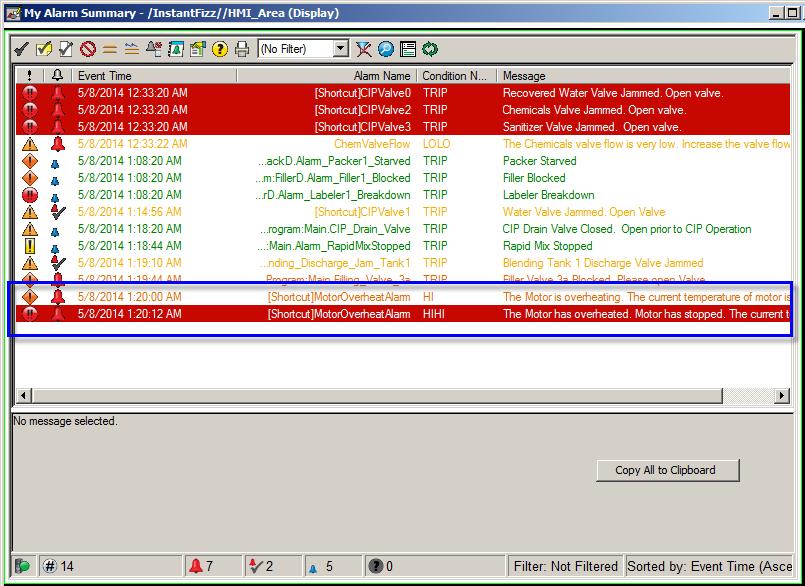 6. Return to FactoryTalk View Studio and select the My Alarm Summary screen you created earlier. If it is not still running in test mode, on the Graphics toolbar, click Test Display button.