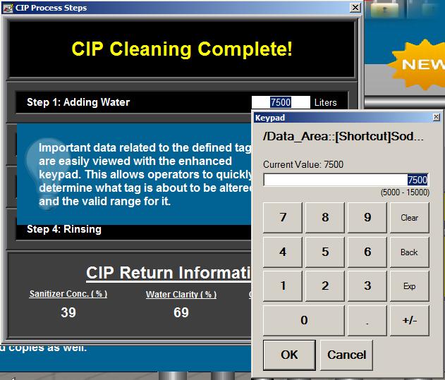 20. Click on the CIP Process Steps button The CIP Process Steps display will open 21. Click on the numeric input box next to Step1: Adding Water. 22. Notice the Keypad that pops up.
