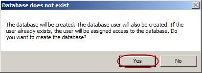 3. Click on the Advanced tab. The system will attempt to create the database and the user account. On the Database does not exist dialog box, click the Yes button. 4.