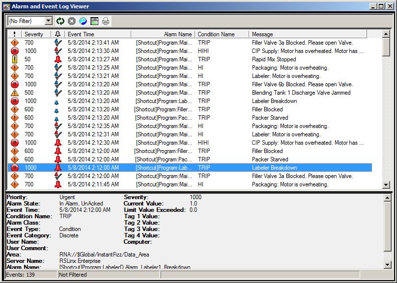 5. Select an alarm (any alarm) from the list to see details in the Details pane of the Log Viewer object.
