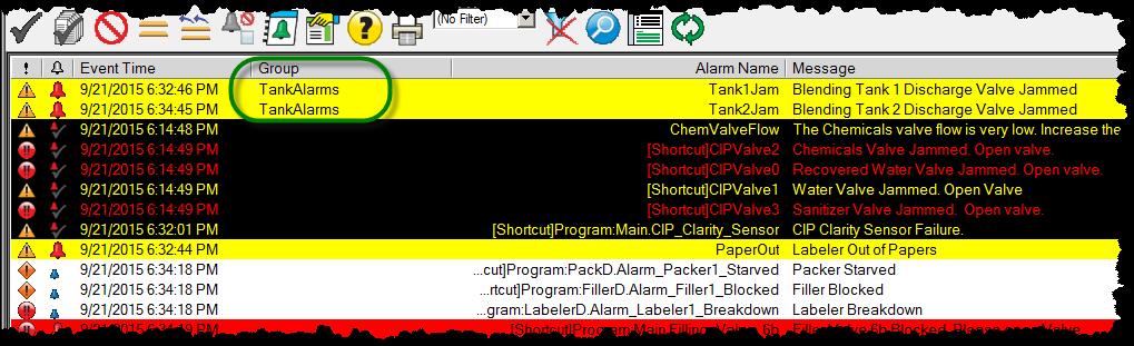 26. Notice there is now a column heading for Group. You are able to click on the Group heading to sort the alarms.