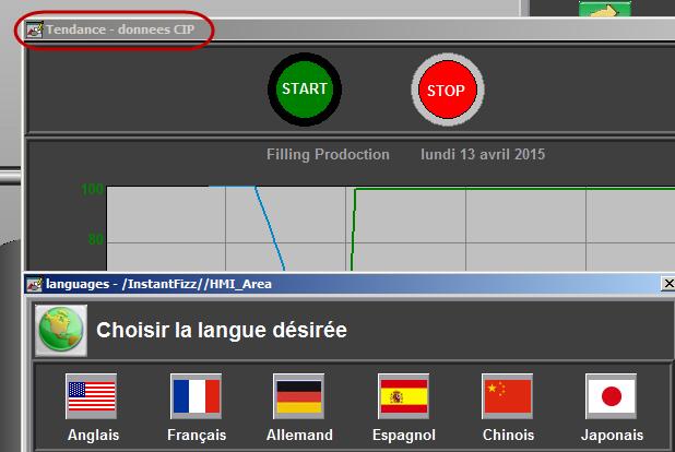 6. Press the French button on the Languages display. You should see your translated string in the title bar of the CIP Data Trend display. 7.