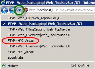 11. In the Internet Explorer click on Recent Pages button and click on the link FTVP HMI_Area:: (which is a short name for the initial application page).