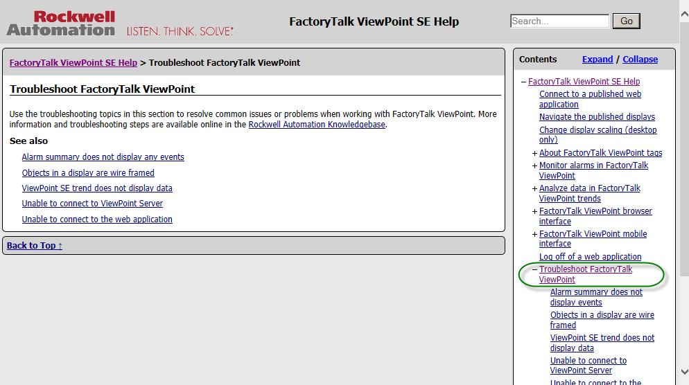 18. Click on Troubleshoot FactoryTalk ViewPoint from the menu on the right side.