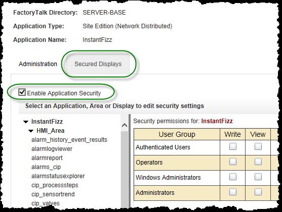 3. Select the Secured Displays tab to switch views. 4. Select the Enable Application Security checkbox.