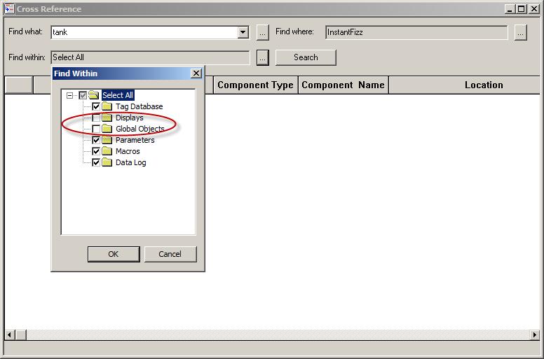 Tag Cross Reference Cross Reference is yet another new feature that provides the ability to find tags and text strings in the following HMI project components: Tag Database, Displays, Global Objects,