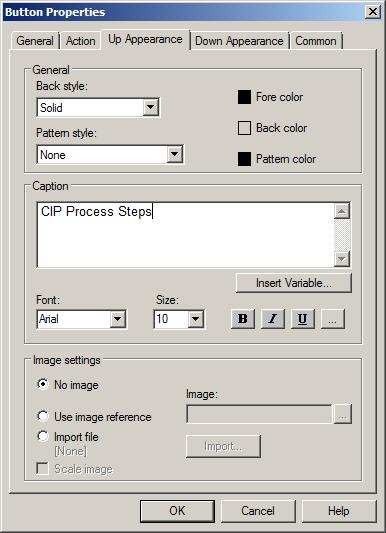 11. Add a Button Caption by selecting the Up Appearance tab and typing CIP Process Steps in the
