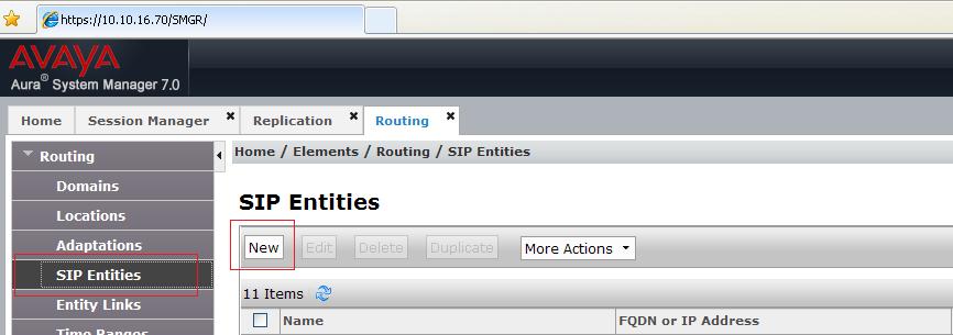 Select SIP Entities from the left hand menu and click on New to add the