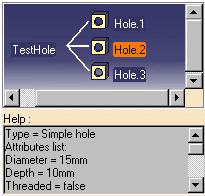 .. In the graphic above, the selected check is TestHole, it checks the holes of the CATPart file (3 of them do not pass the check because their diameters is not superior to 15mm), and the attributes