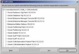 Removing Server Software 9 De-installing Oracle 10g Server Software 5 Review the confirmation window and click Yes