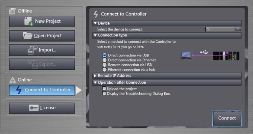5 The Connect to Controller Dialog Box is displayed. Select the Direct connection via USB Option for Connection type.