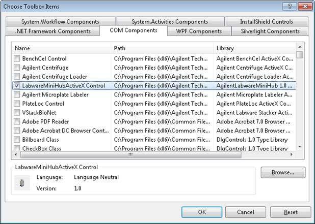 control. For the MiniHub ActiveX, select the MiniHub Control check box.