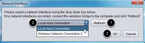 Select the network interface Use the pop-up window to select the which ethernet interface the configuration utility will use to communicate with the wireless bridge.
