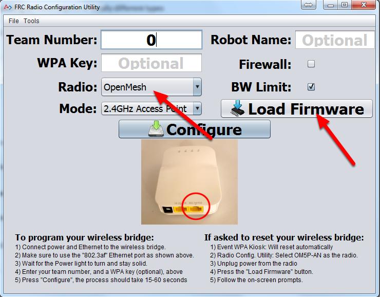 Loading FRC Firmware to OpenMesh radio If you need to load the FRC firmware (or reset the radio), you can do so using the FRC Radio Configuration Utility. 1.